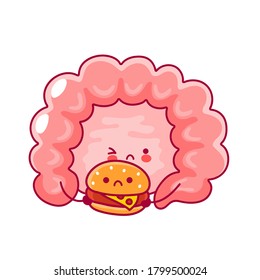 Cute happy funny human intestine organ with burger. Vector flat line cartoon kawaii character illustration icon. Isolated on white background. Digestive tract concept