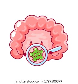 Cute happy funny human intestine organ with magnifier. Vector flat line cartoon kawaii character illustration icon. Isolated on white background. Digestive tract concept