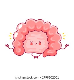 Cute happy funny human intestine organ meditate in yoga pose. Vector flat line cartoon kawaii character illustration icon. Isolated on white background. Digestive tract concept