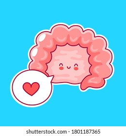 Cute happy funny human intestine organ with speech bubble. Vector flat line cartoon kawaii character illustration icon. Digestive tract concept