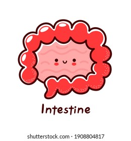 Cute happy funny human intestine organ character. Vector flat line cartoon kawaii character illustration icon. Isolated on white background. Intestine with face character mascot concept