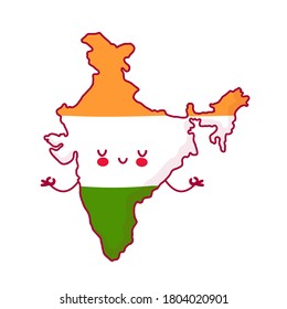 Cute happy funny India map and flag character meditate. Vector flat line cartoon kawaii character illustration icon. Isolated on white background. India concept