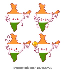Cute happy funny India map and flag character set collection. Vector flat line cartoon kawaii character illustration icon. Isolated on white background. India concept