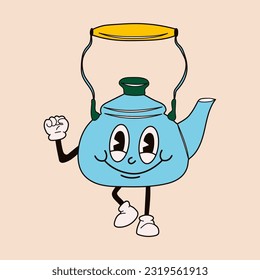 Cute happy funny kettle 30s cartoon mascot character 40s, 50s, 60s old animation style.