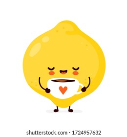 Cute happy funny lemon fruit with tea cup. Vector cartoon character illustration icon design.Isolated on white background