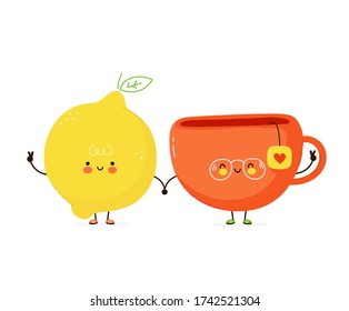 Cute happy funny lemon and tea cup. Vector cartoon character illustration icon design.Isolated on white backgroundv