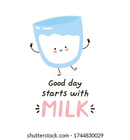 Cosa feliz y divertido vaso de leche. Icono de ilustración de carácter de dibujos animados.Aislado sobre fondo blanco. Buen día empieza con la tarjeta de leche