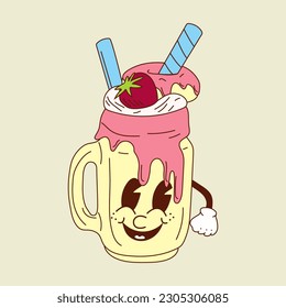 Cute happy funny milkshake 30s cartoon mascot character 40s, 50s, 60s old animation style.