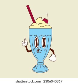 Cute happy funny milkshake 30s cartoon mascot character 40s, 50s, 60s old animation style.