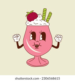 Cute happy funny milkshake 30s cartoon mascot character 40s, 50s, 60s old animation style.