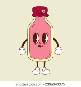 Cute happy funny milkshake,  bottle of strawberry milk   30s cartoon mascot character 40s, 50s, 60s old animation style. 