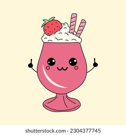 Cute happy funny  milkshake with kawaii eyes with a strawberry and ice cream cone . Vector illustration isolated