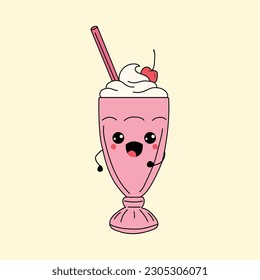 Cute happy funny milkshake with kawaii eyes . Vector illustration isolated