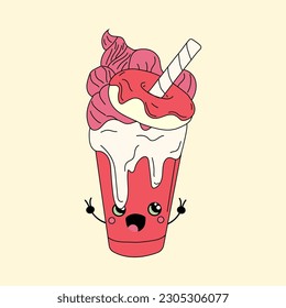 Cute happy funny milkshake with kawaii eyes . Vector illustration isolated