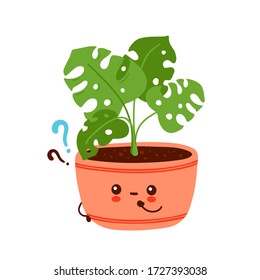 Cute happy funny monstera plant in pot with question mark. Vector cartoon character illustration icon design.Isolated on white background