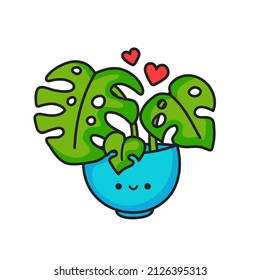 Cute happy funny monstera plant in pot. Vector cartoon doodle line character illustration icon design.Isolated on white background. Cute cartoon monstera in pot logo