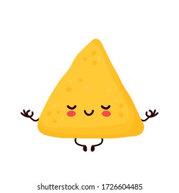 Cute happy funny nachos meditate. Vector cartoon character illustration icon design.Isolated on white background