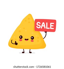 Cute happy funny nachos with sale sign. Vector cartoon character illustration icon design.Isolated on white background