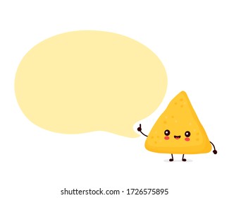 Cute happy funny nachos with speech bubble. Vector cartoon character illustration icon design.Isolated on white background