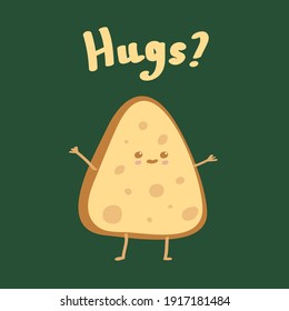 Cute happy funny nachos. Vector cartoon character hugs greeting card illustration icon design isolated on green background