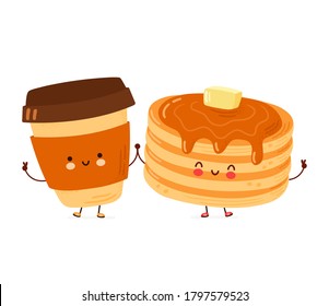 Cute happy funny pancakes and coffee cup. Isolated on white background. Vector cartoon character hand drawn style illustration