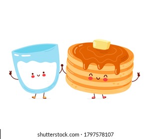 Cute happy funny pancakes and milk glass. Isolated on white background. Vector cartoon character hand drawn style illustration