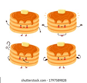 Cute happy funny pancakes set collection. Isolated on white background. Vector cartoon character hand drawn style illustration