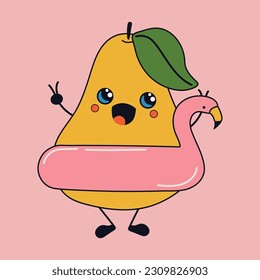  Cute happy funny a pear with an inflatable circle with kawaii eyes . Vector illustration isolated