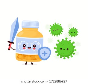 Cute happy funny pill bottle fight with virus. Vector cartoon character illustration icon design.Isolated on white background