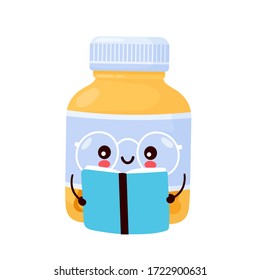 Cute happy funny pill bottle read book. Vector cartoon character illustration icon design.Isolated on white background