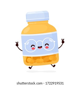 Cute happy funny pill bottle. Vector cartoon character illustration icon design.Isolated on white background