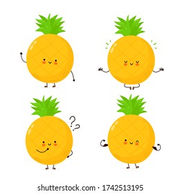 Cute happy funny pineapple fruit set collection. Vector cartoon character illustration icon design.Isolated on white background