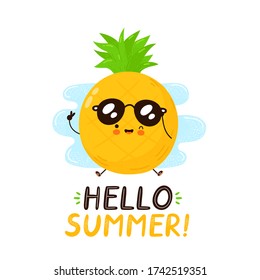 Cute happy funny pineapple fruit. Hello summer card. Vector cartoon character illustration icon design.Isolated on white background