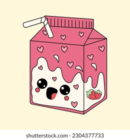 Cute happy funny  pink box of strawberry milk with kawaii eyes . Vector illustration isolated