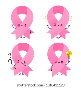 Cute happy funny pink ribbon character. Vector cartoon character illustration icon design. Isolated on white background. Breast Cancer Awareness Month pink ribbon symbol concept