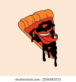 Linda, feliz, divertida rebanada de pizza con la boca del diablo, personaje de mascota de dibujos animados