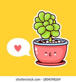 Cute happy funny plant in pot with speech bubble. Vector flat cartoon kawaii character illustration icon design. Succulents love concept