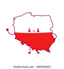 Cute happy funny Poland map and flag character. Vector flat line cartoon kawaii character illustration icon. Isolated on white background. Poland concept