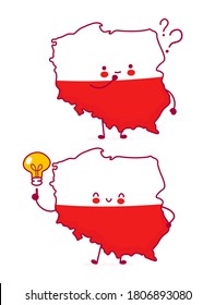 Cute alegre y divertido mapa de Polonia y personaje de bandera con signo de interrogación y bombilla de ideas. Dibujo de línea plana vectorial kawaii icono de ilustración de personaje. Aislado sobre fondo blanco. Concepto de Polonia