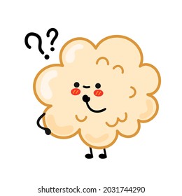 Cute happy funny popcorn with question marks. Vector hand drawn cartoon kawaii character illustration sticker logo icon. Isolated on white background. Cute happy popcorn cartoon character concept
