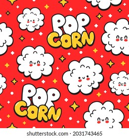 Cute happy funny popcorn seamless pattern,red background.Vector hand drawn cartoon kawaii character illustration poster logo retro art.Cute happy popcorn,film,cinema seamless pattern cartoon concept