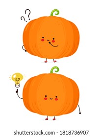 Calabaza alegre y divertida con signo de interrogación y bombilla de ideas. Aislado sobre fondo blanco. Ilustración de estilo dibujada a mano por personajes de dibujos animados
