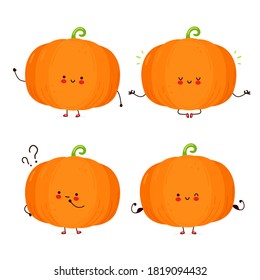 Cute happy funny pumpkin set collection. Isolated on white background. Vector cartoon character hand drawn style illustration
