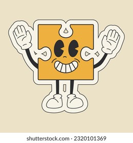 Cute happy funny puzzle 30s cartoon mascot character 40s, 50s, 60s old animation style.