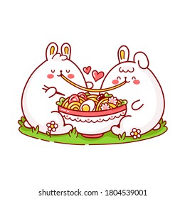 Cute happy funny rabbits couple eat ramen from bowl. Vector flat cartoon kawaii character illustration icon design.Bunny couple in love,ramen,noodle,romantic card concept. Isolated on white background