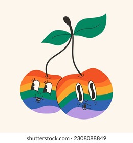 Cute happy funny rainbow cherries 30s cartoon mascot character 40s, 50s, 60s old animation style.