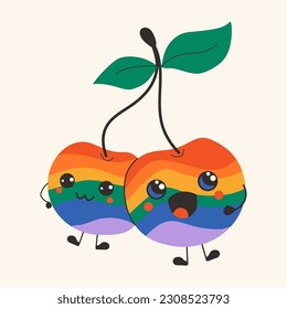 Cute happy funny rainbow cherries with kawaii eyes . Vector illustration isolated
