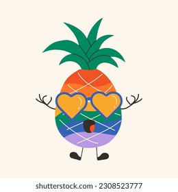 Cute happy funny  rainbow pineapple with kawaii eyes . Vector illustration isolated