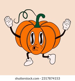 Cute happy funny rainbow pumpkin 30s cartoon mascot character 40s, 50s, 60s old animation style.	