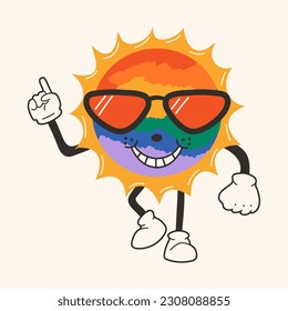 Cute happy funny rainbow sun 30s cartoon mascot character 40s, 50s, 60s old animation style.